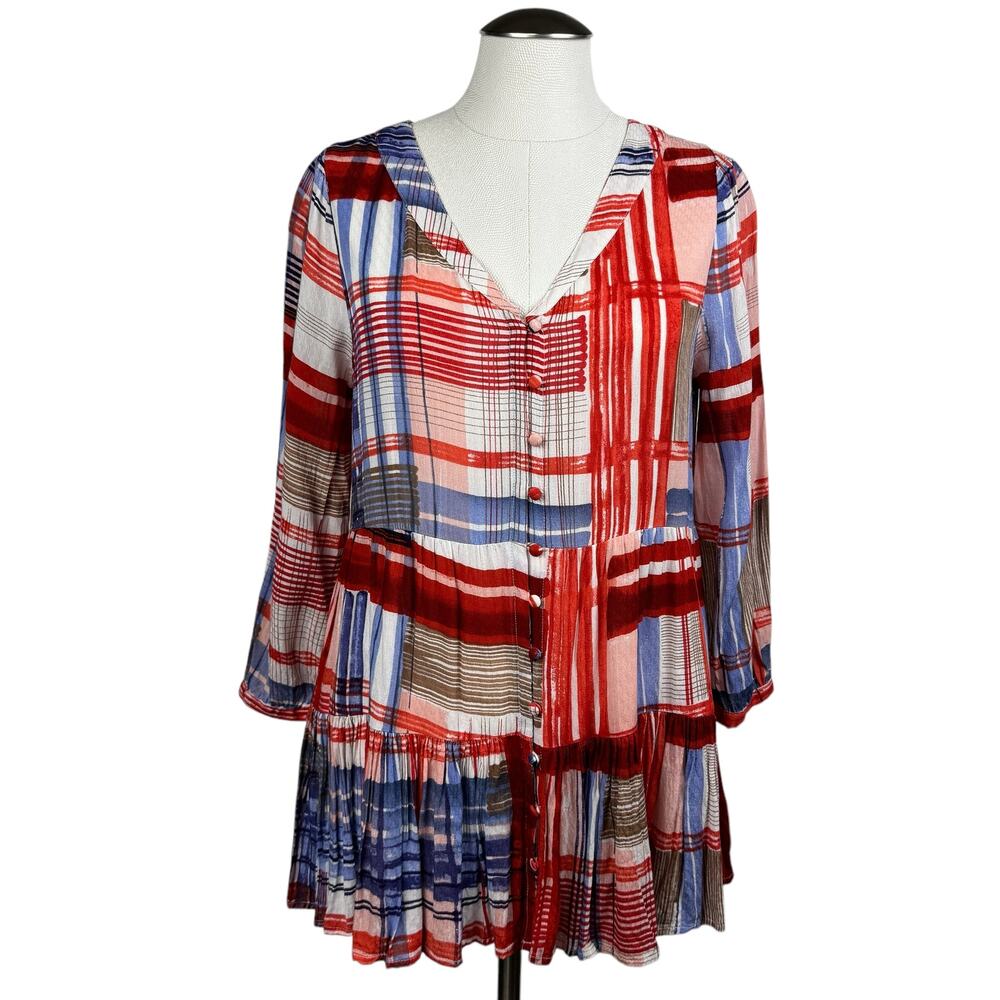 Women's Maeve Red White‎ Blue Lila Striped V-Neck Button Front Pleated Top Small